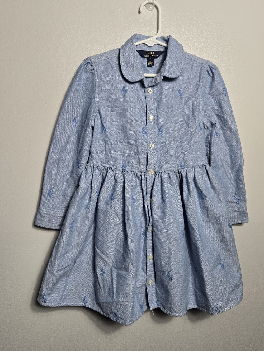 Polo Ralph Lauren Girls Blue Oxford Cotton Pony Embroidered Shirtdress Dress 5